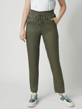 Women Olive High Rise Paper Bag Pants