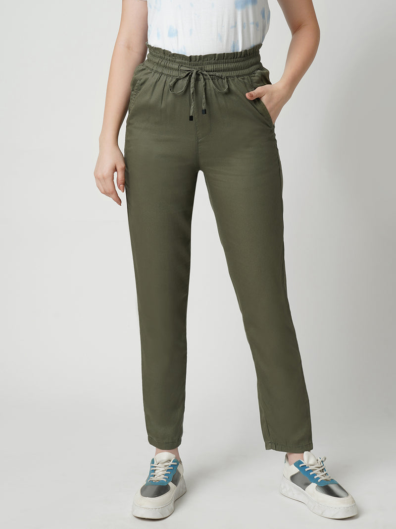 Women Olive High Rise Paper Bag Pants