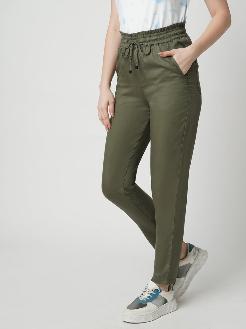 Women Olive High Rise Paper Bag Pants