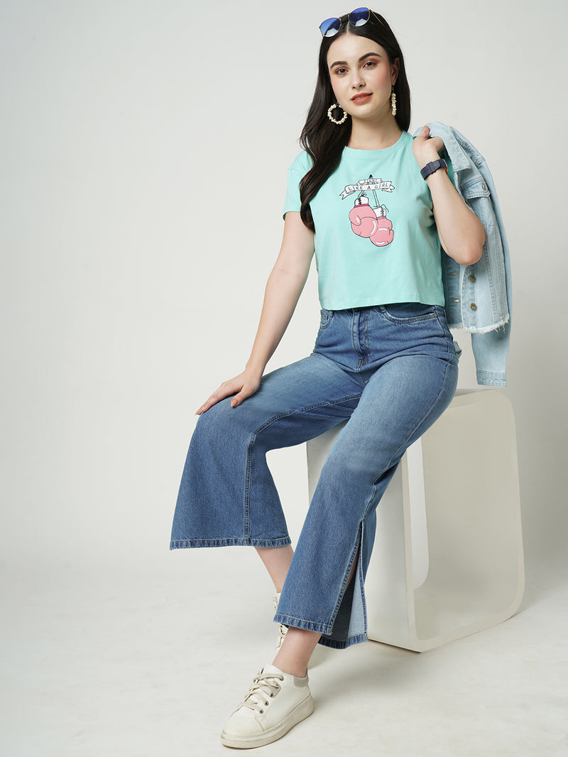 Women Blue K5031 High Rise Wide Leg Jeans