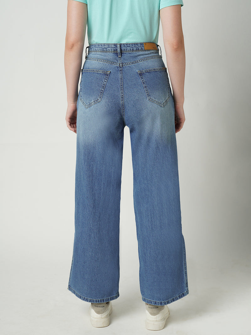 Women Blue K5031 High Rise Wide Leg Jeans
