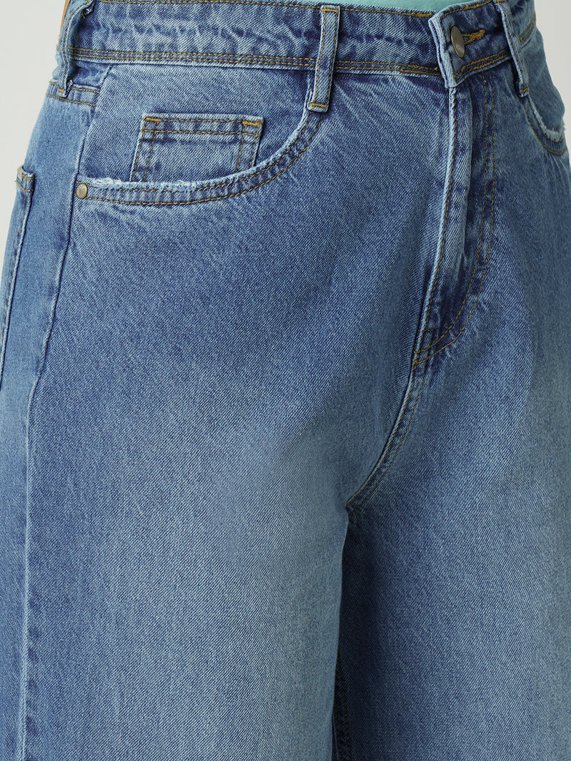 Women Blue K5031 High Rise Wide Leg Jeans