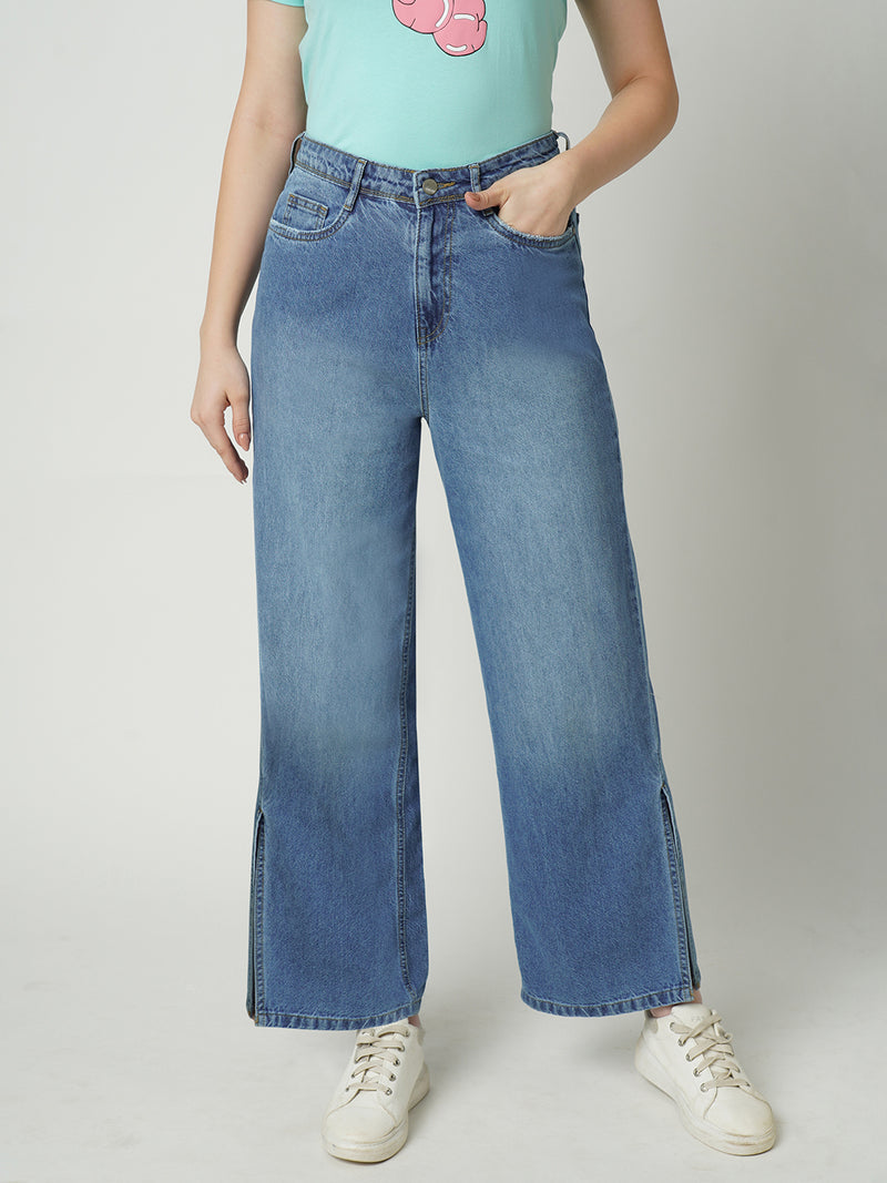 Women Blue K5031 High Rise Wide Leg Jeans