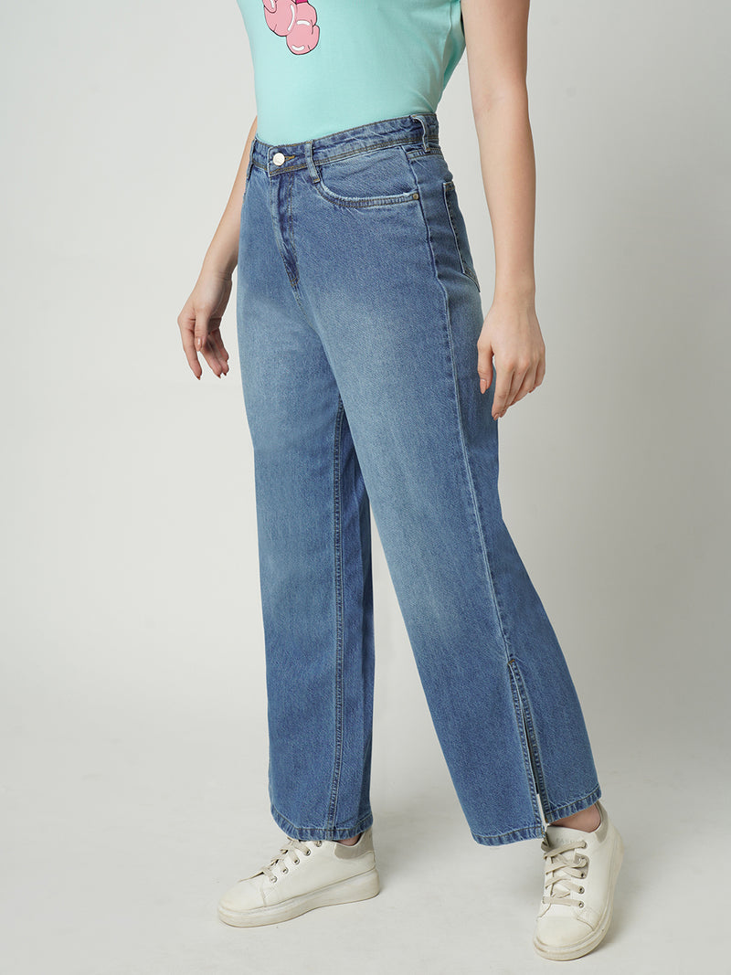 Women Blue K5031 High Rise Wide Leg Jeans