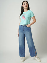 Women Blue K5031 High Rise Wide Leg Jeans