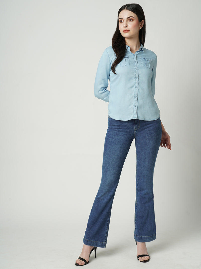 Women Blue K5013 High Rise Flare Jeans