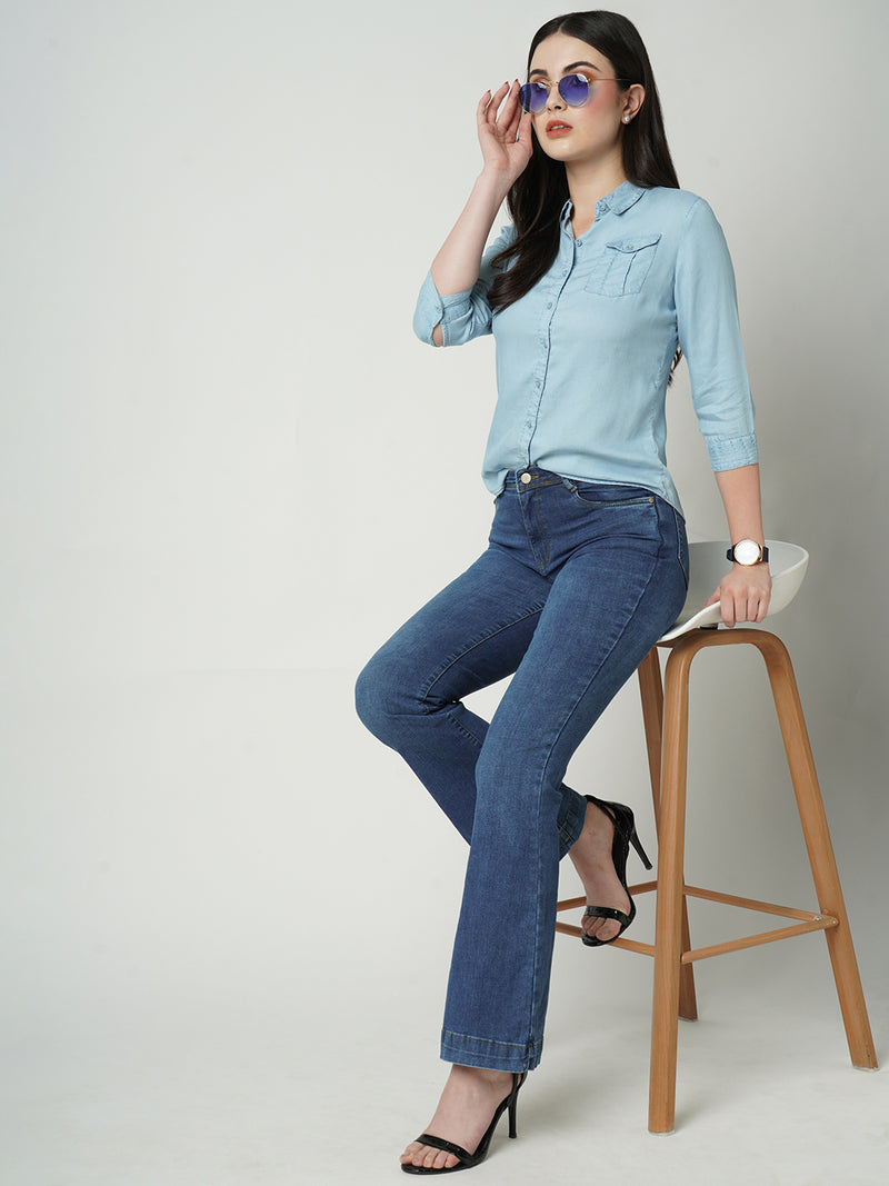 Women Blue K5013 High Rise Flare Jeans