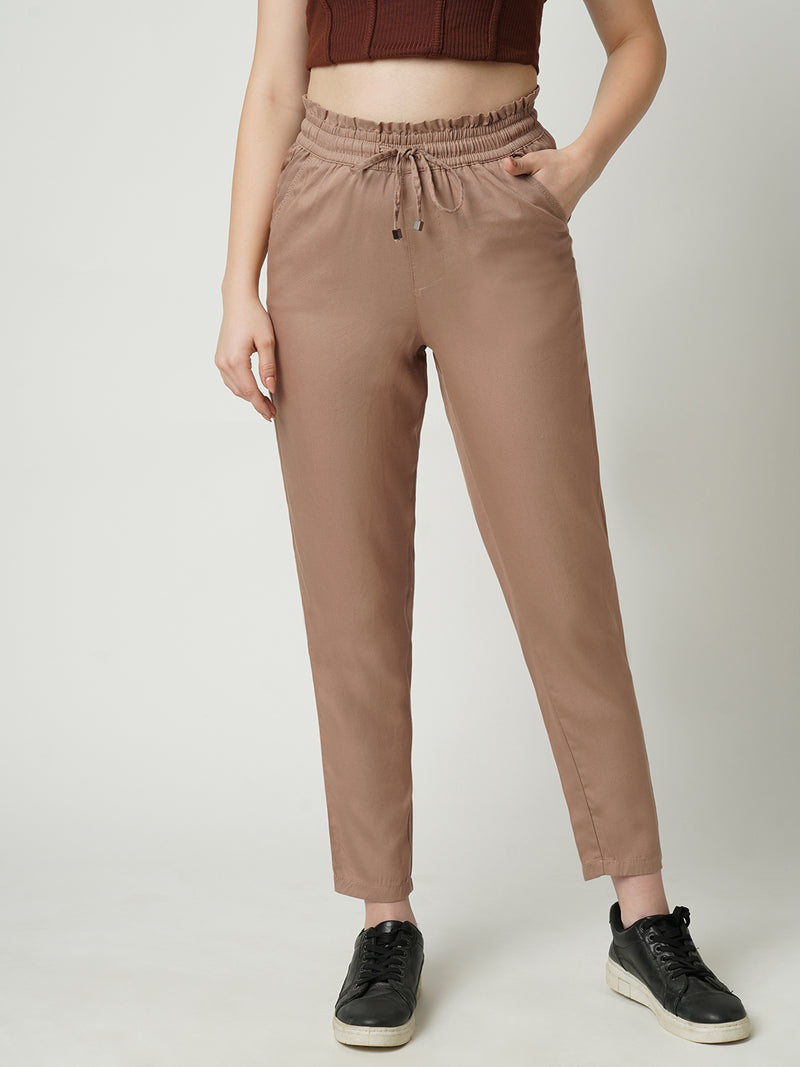 Women Dusty Rose High Rise Paper Bag Pants