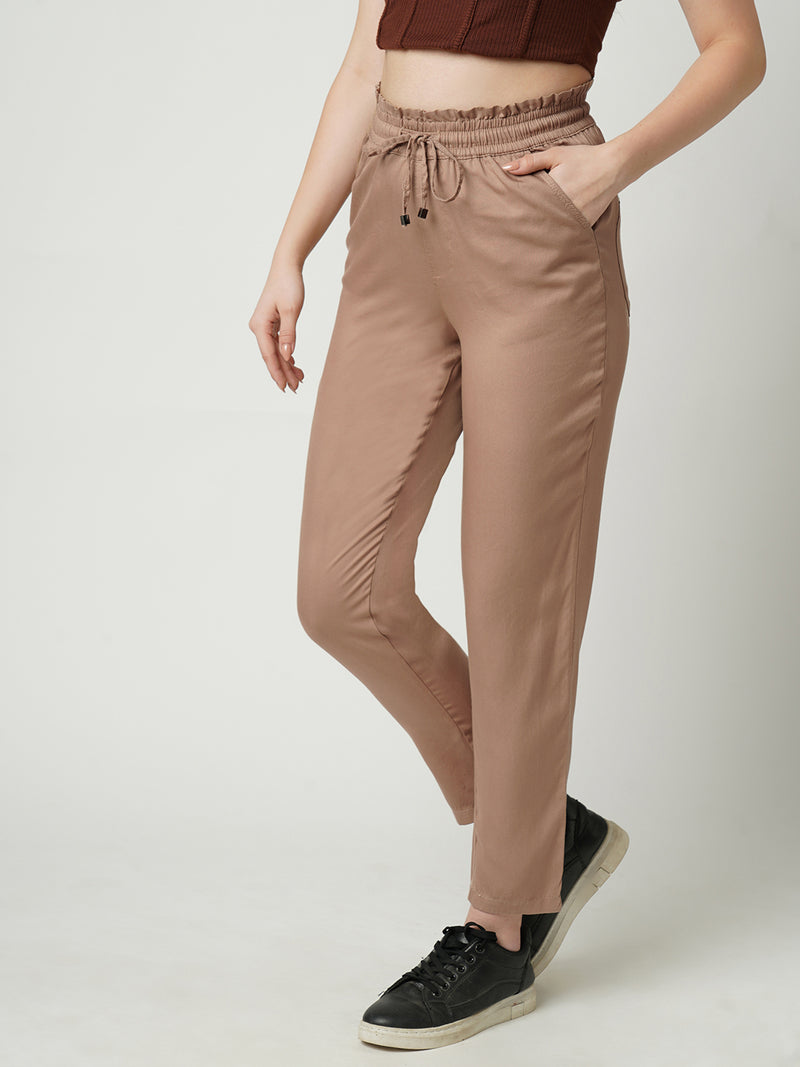 Women Dusty Rose High Rise Paper Bag Pants