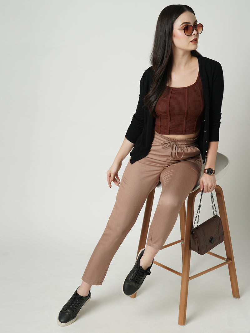 Women Dusty Rose High Rise Paper Bag Pants