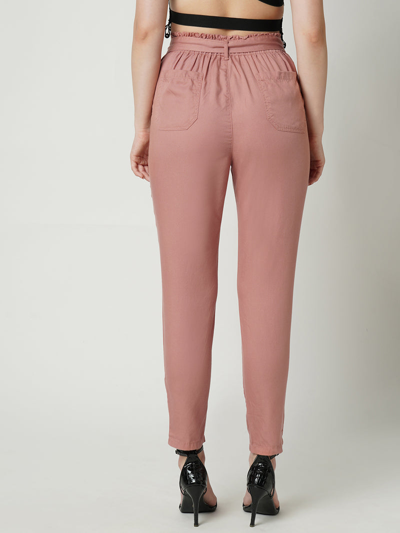 Women Blush Pink High Rise Paper Bag Pants