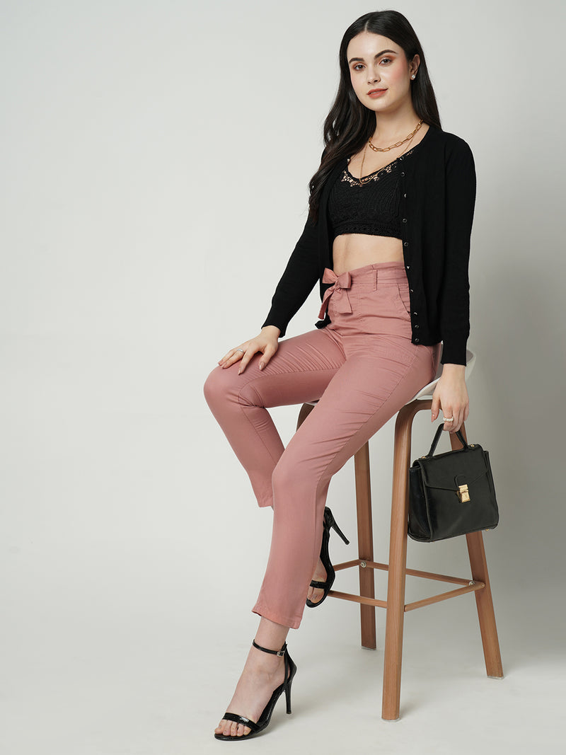 Women Blush Pink High Rise Paper Bag Pants