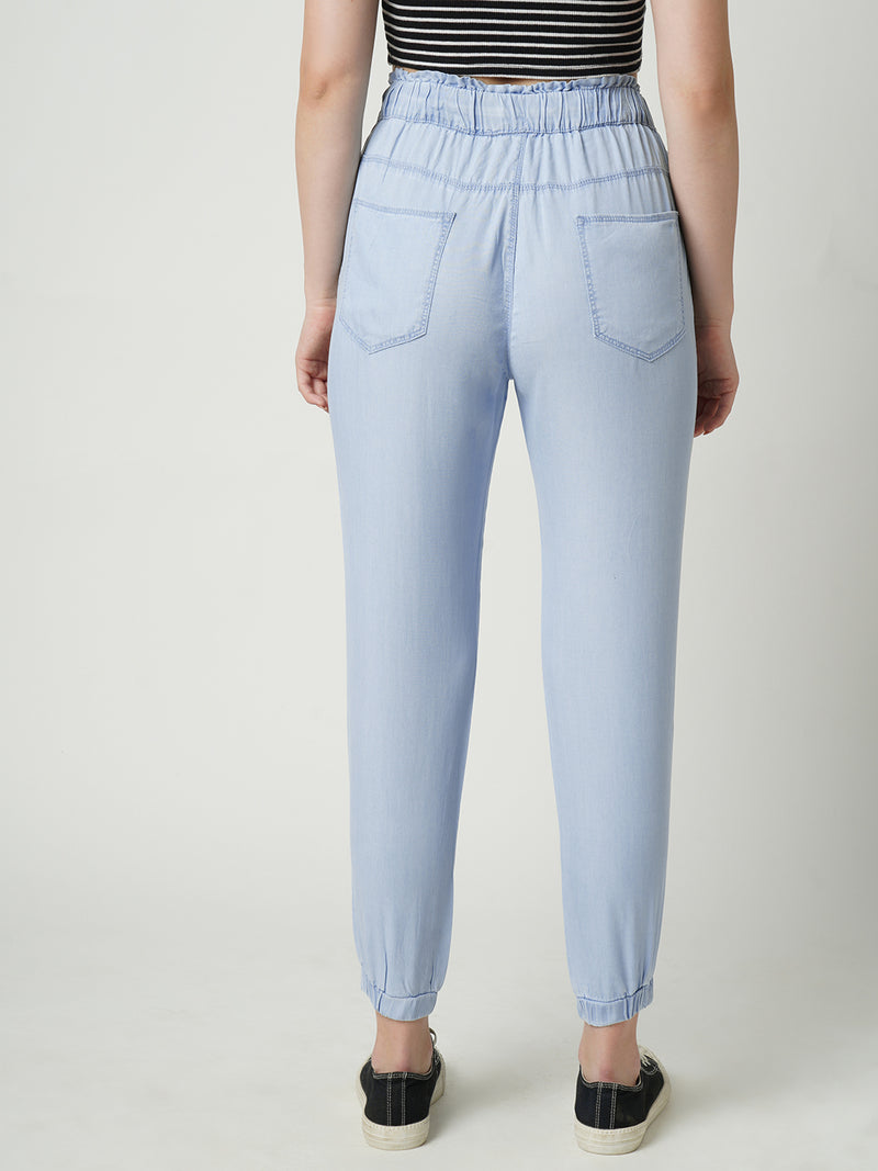 Women Blue High Rise Paper Bag Pants