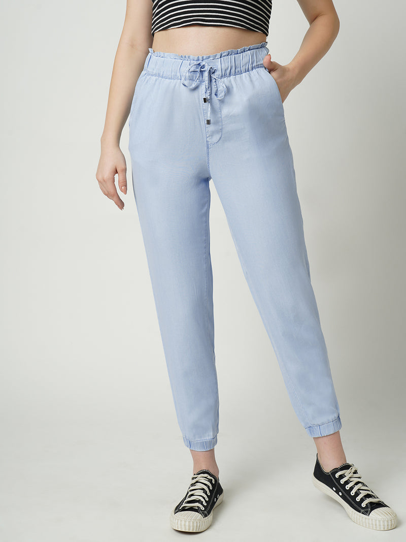 Women Blue High Rise Paper Bag Pants