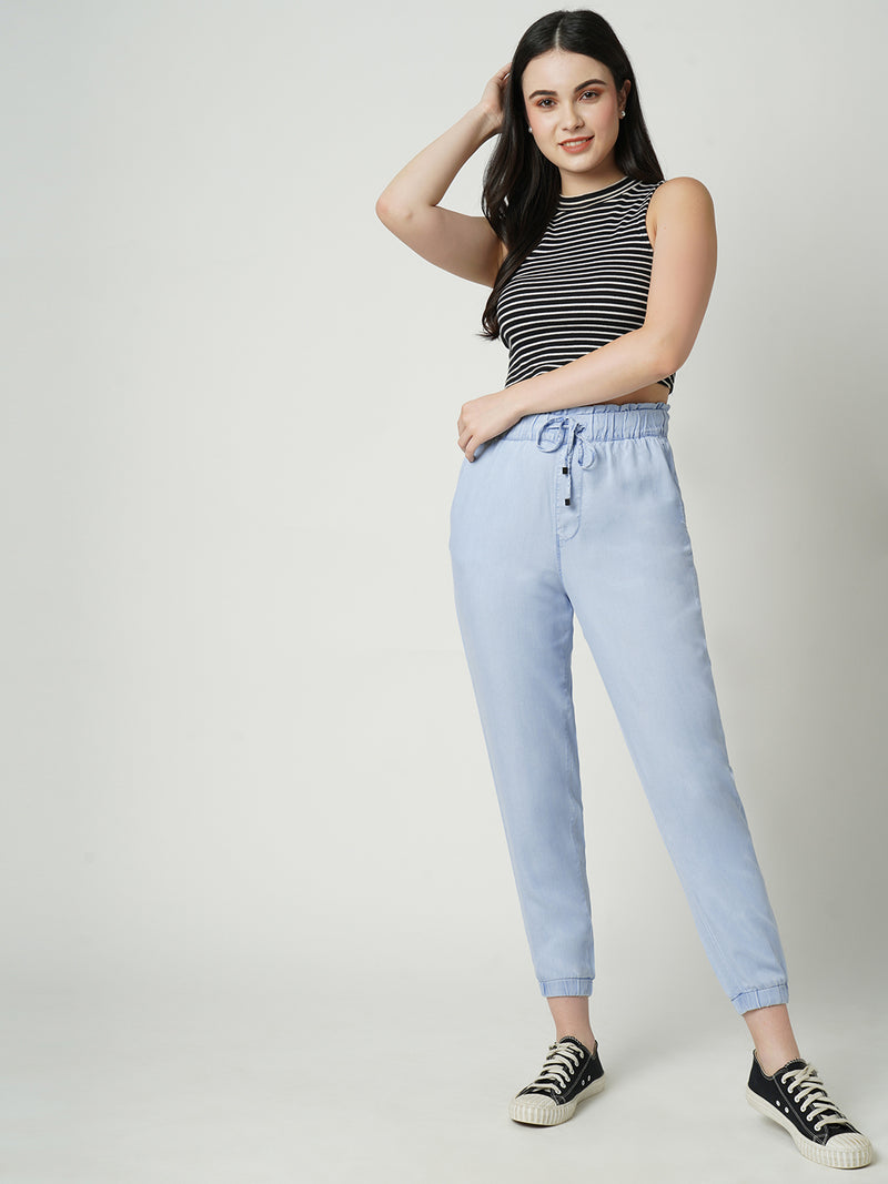 Women Blue High Rise Paper Bag Pants