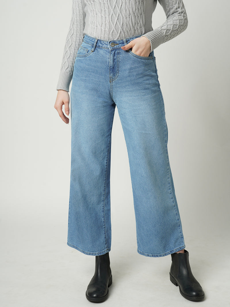 Women Light Blue K6039 High Rise Super Wide Leg Jeans