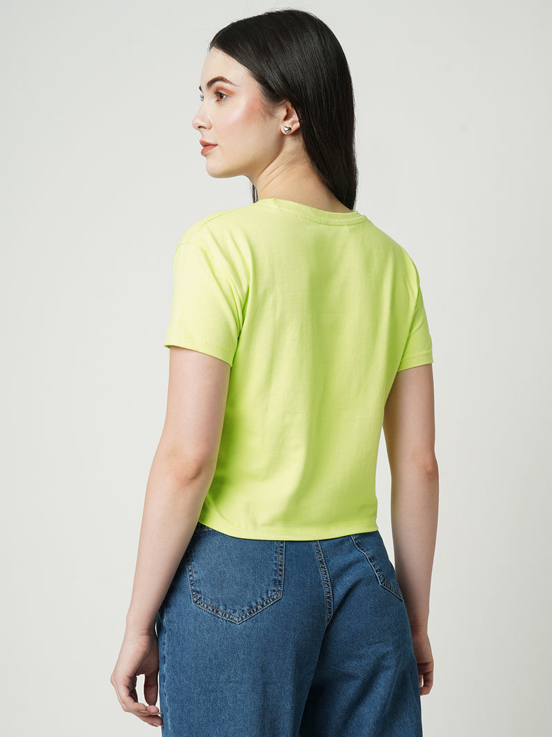 Women Lime Chest Printed Crop Tshirt