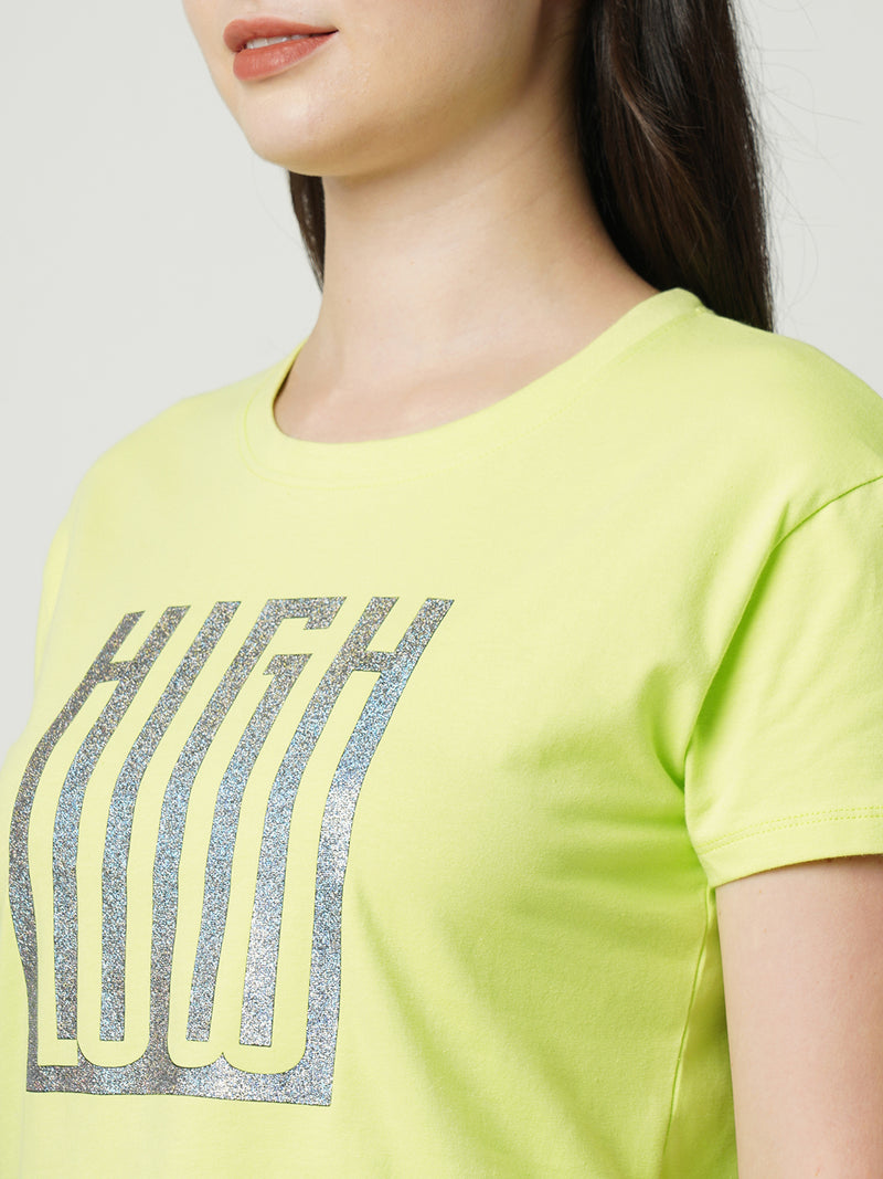 Women Lime Chest Printed Crop Tshirt