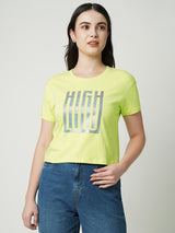 Women Lime Chest Printed Crop Tshirt