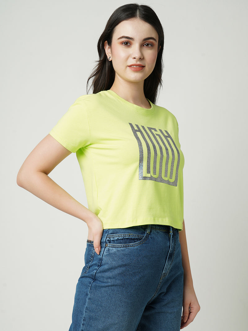 Women Lime Chest Printed Crop Tshirt