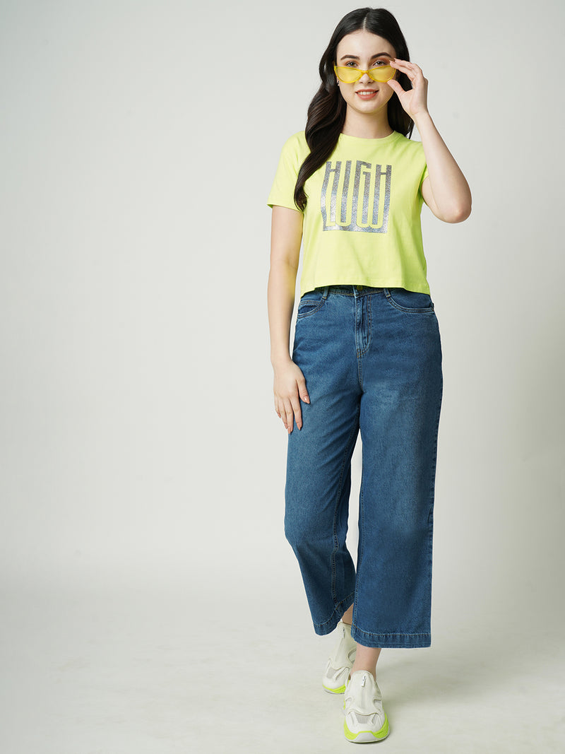 Women Lime Chest Printed Crop Tshirt