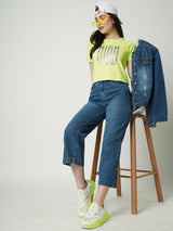 Women Lime Chest Printed Crop Tshirt