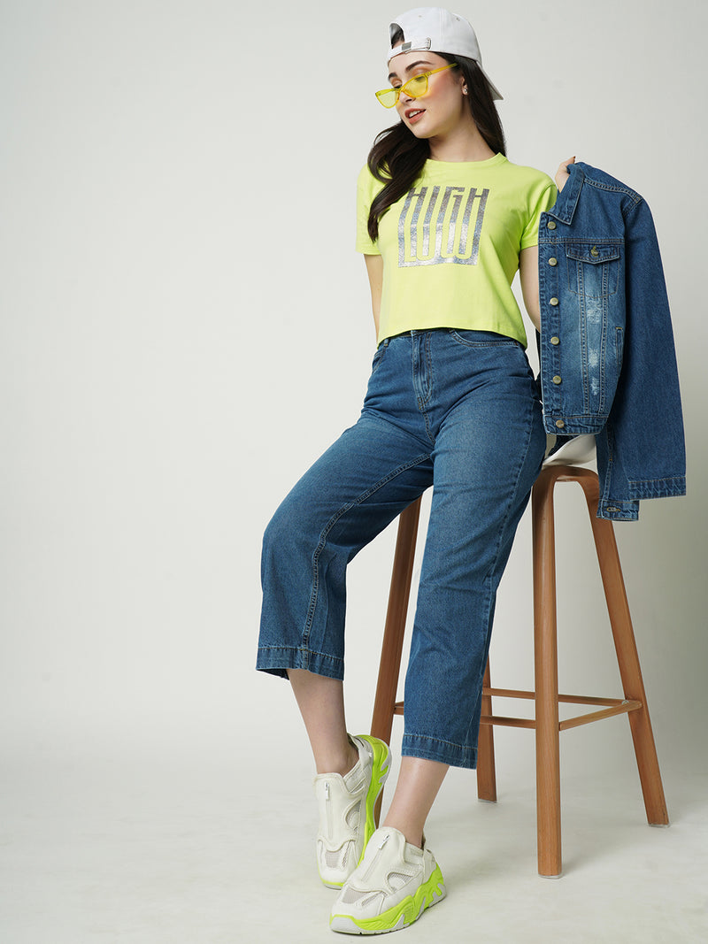 Women Lime Chest Printed Crop Tshirt