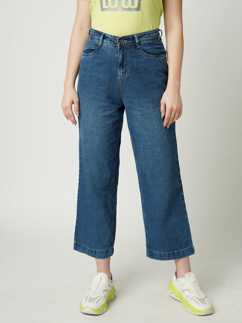 Women Dark Blue K6021 High Rise Parallel Wide Leg Jeans
