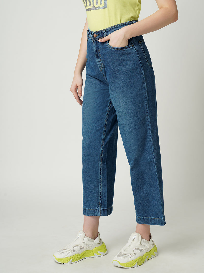 Women Dark Blue K6021 High Rise Parallel Wide Leg Jeans