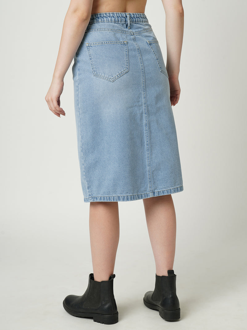 Women Light Blue Solid Straight Denim Skirt