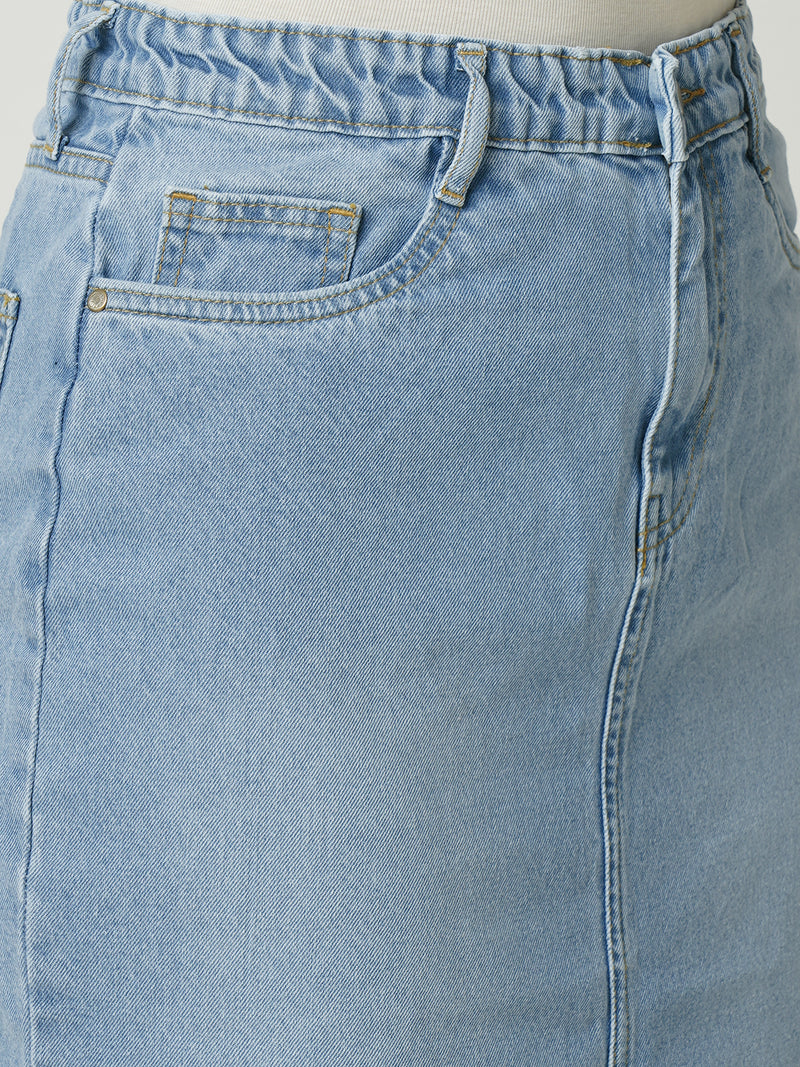 Women Light Blue Solid Straight Denim Skirt