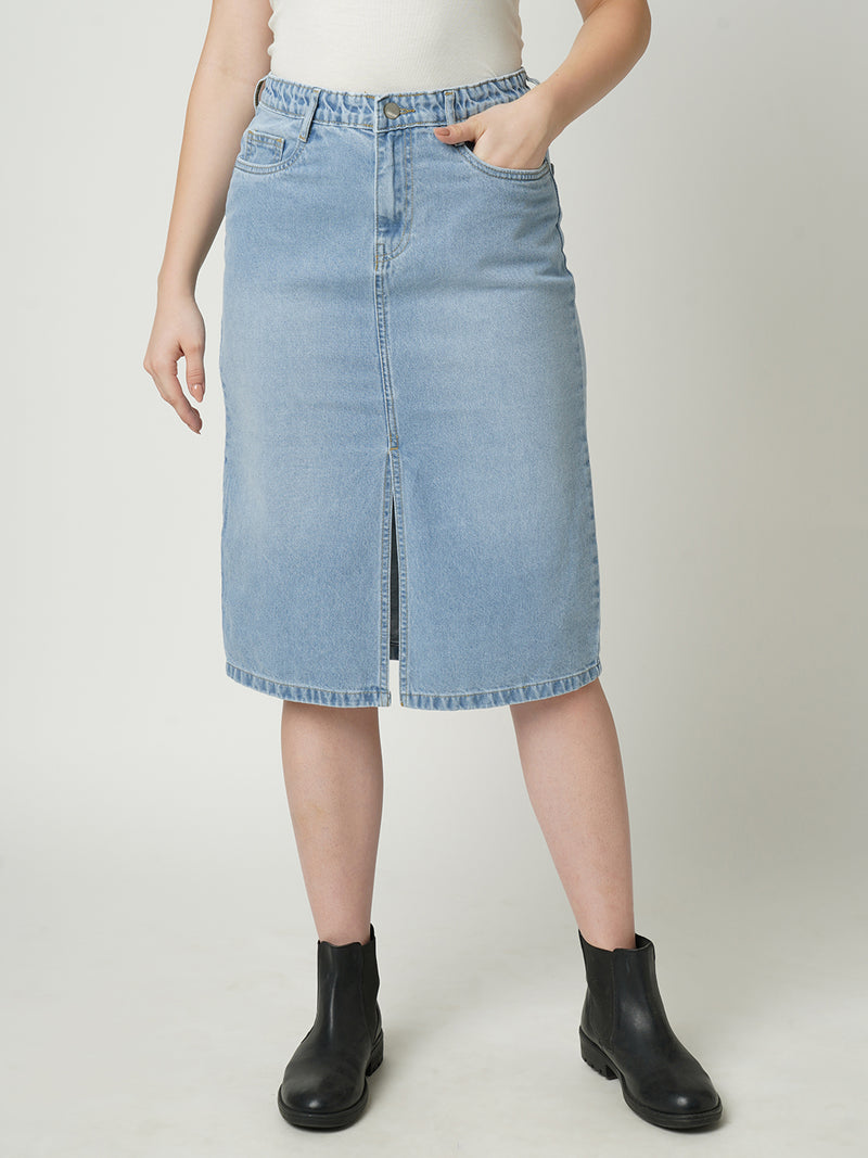 Women Light Blue Solid Straight Denim Skirt