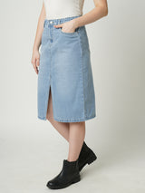 Women Light Blue Solid Straight Denim Skirt