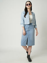 Women Light Blue Solid Straight Denim Skirt