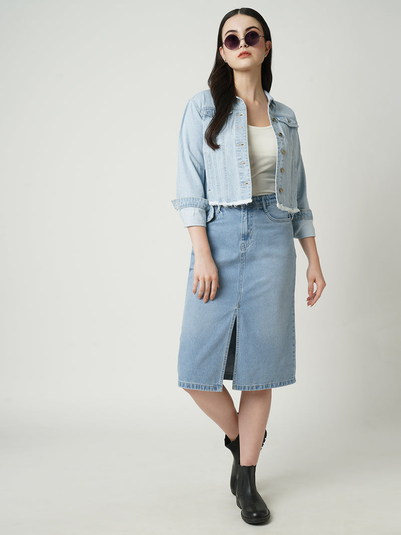 Women Light Blue Solid Straight Denim Skirt