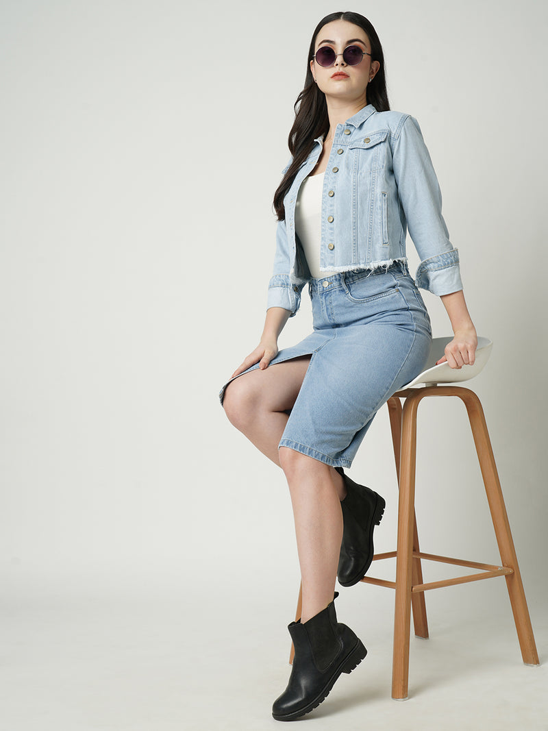 Women Light Blue Solid Straight Denim Skirt