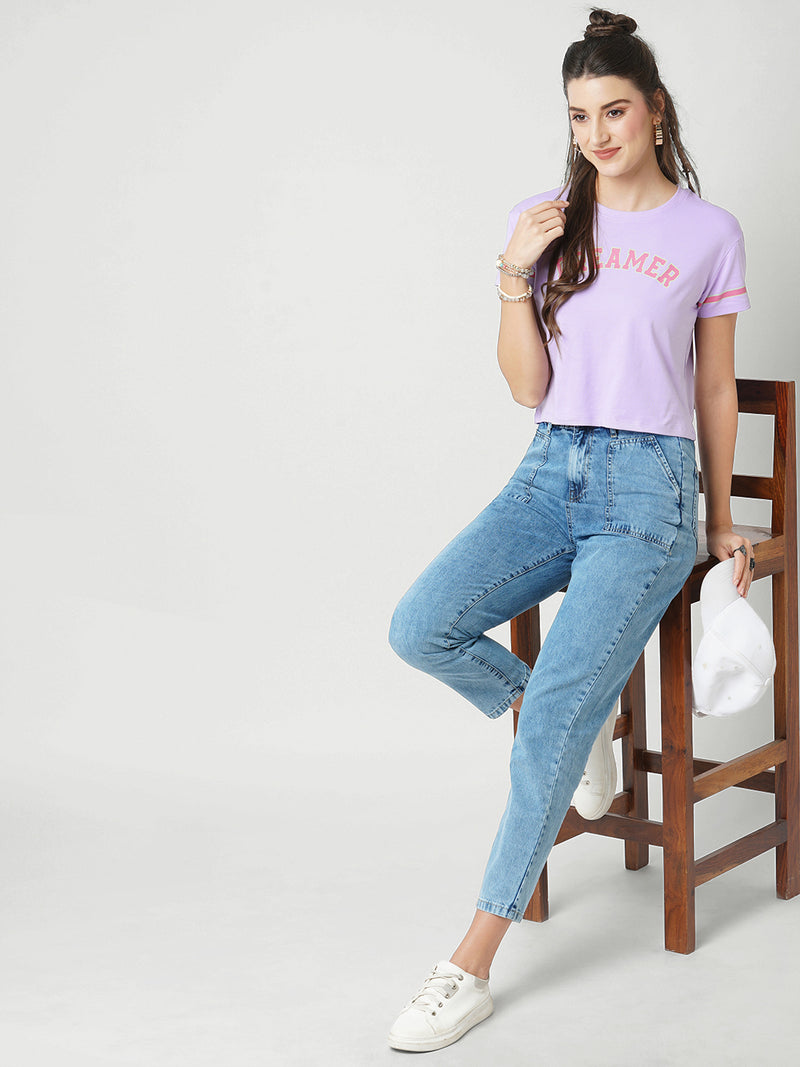 Women Lilac Chest Printed Crop Tshirt