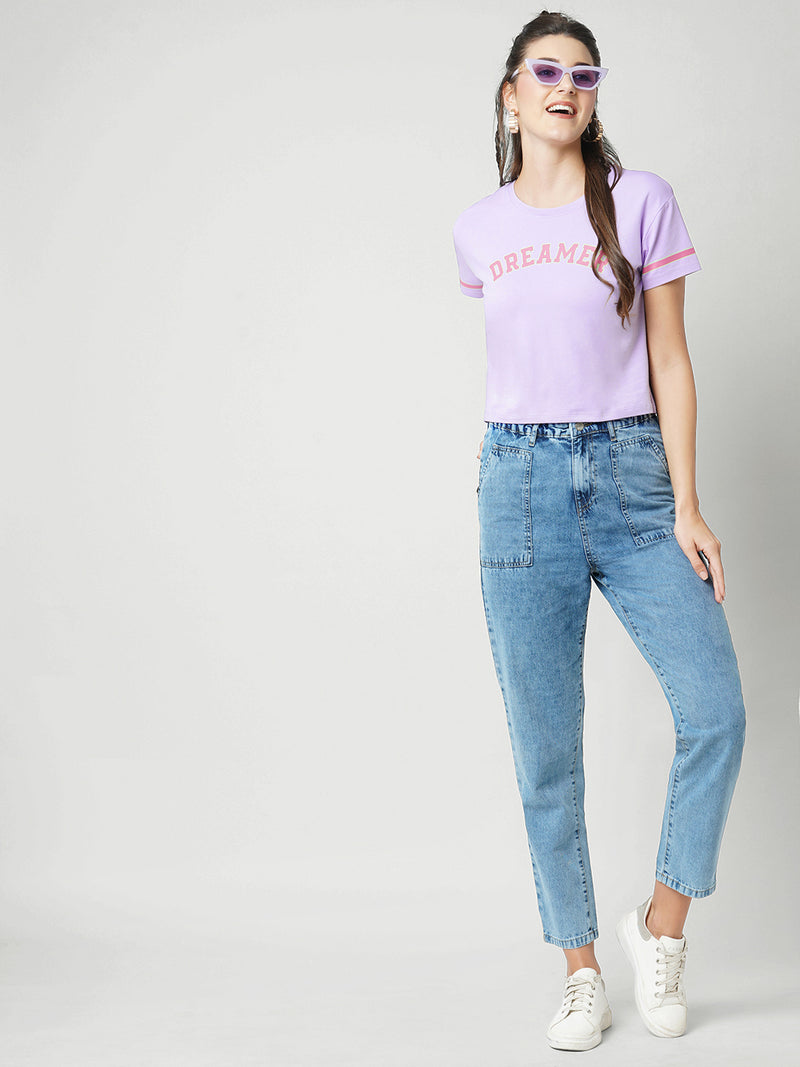 Women Lilac Chest Printed Crop Tshirt