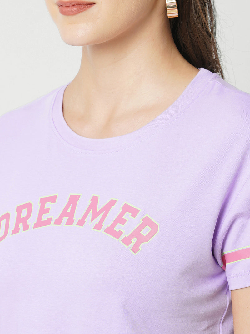 Women Lilac Chest Printed Crop Tshirt