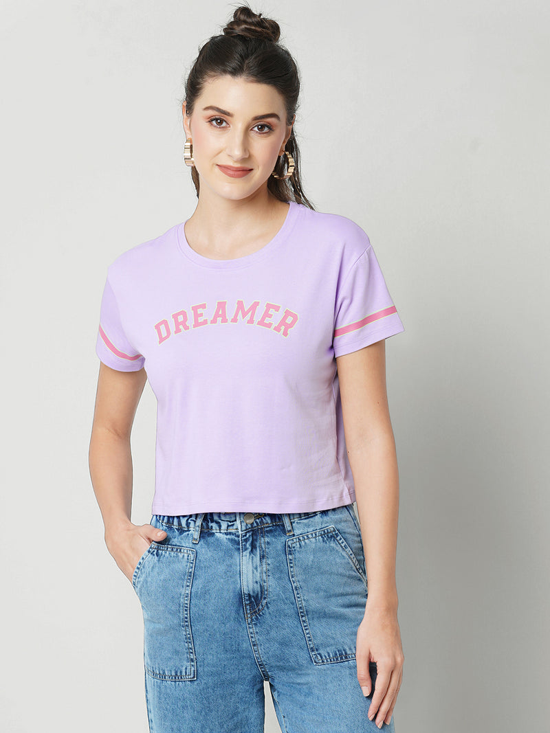 Women Lilac Chest Printed Crop Tshirt