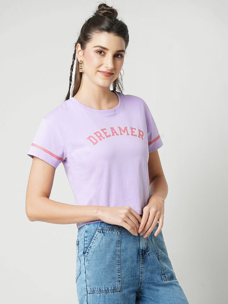 Women Lilac Chest Printed Crop Tshirt