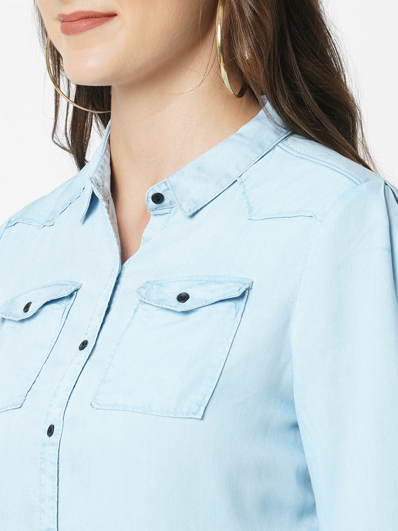 Women Light Blue Solid Denim Shirt