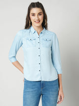 Women Light Blue Solid Denim Shirt
