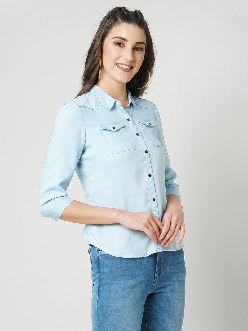 Women Light Blue Solid Denim Shirt
