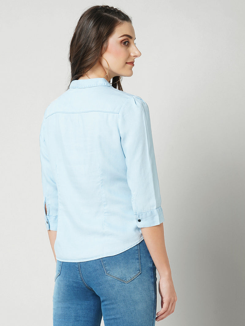 Women Light Blue Solid Denim Shirt