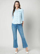 Women Light Blue Solid Denim Shirt