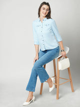 Women Light Blue Solid Denim Shirt