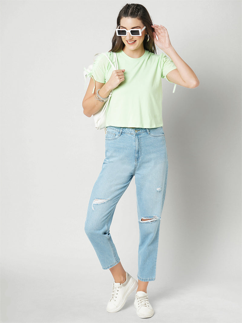 Women Light Blue High Rise Mom Fit Ripped Jeans