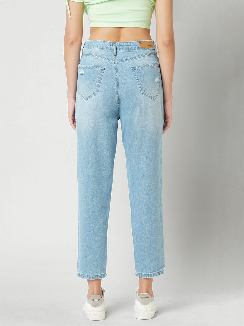 Women Light Blue High Rise Mom Fit Ripped Jeans