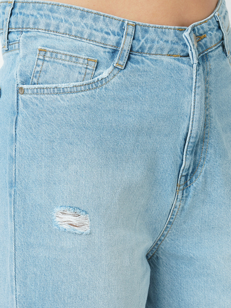 Women Light Blue High Rise Mom Fit Ripped Jeans